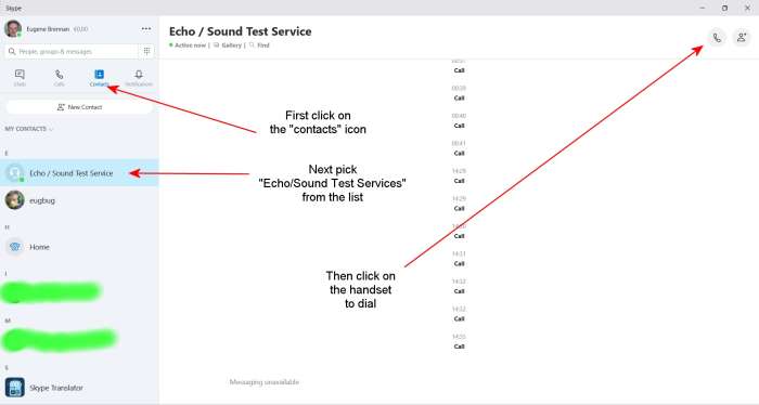 Выполнение тестового звонка в службу проверки звука в Skype.